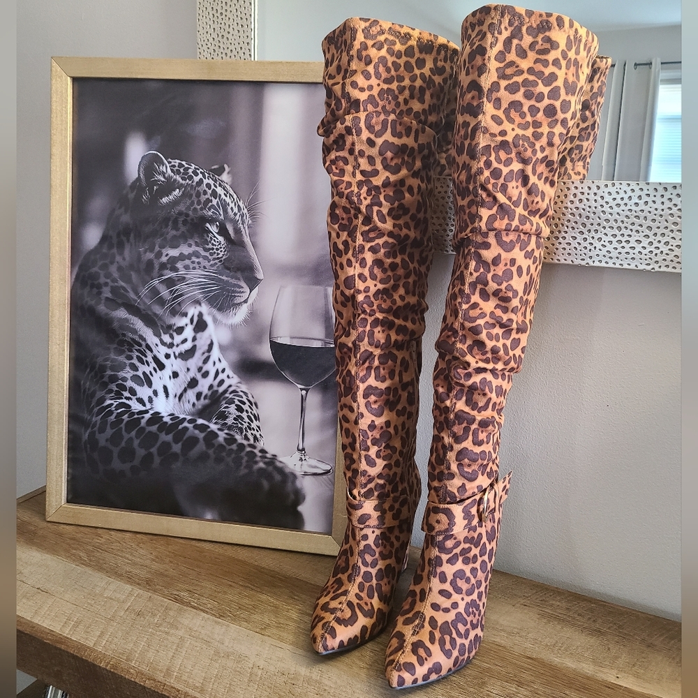 🐆JOURNEE COLLECTION Leopard Print Over-the-Knee Slouchy Side Zipper Boots Sz 8